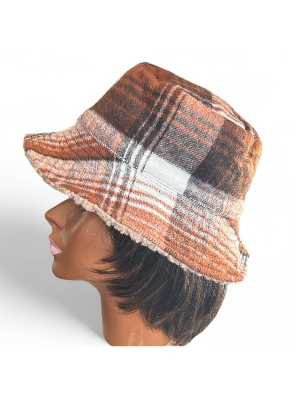 Nine West Brown Plaid Flannel Bucket Hat with Shearling Lining